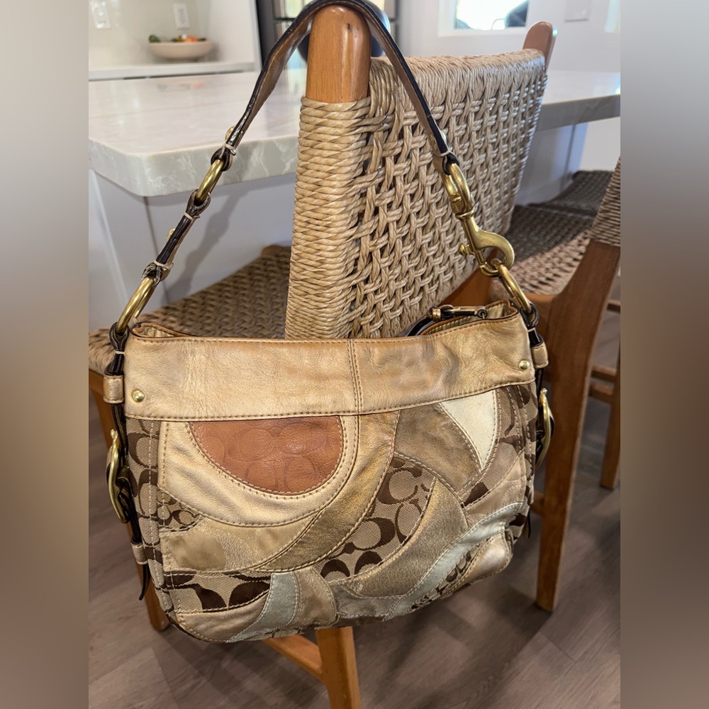 Coach Zoe Vintage Signature Jacquard Patchwork Gold Brown Shoulder Y2K Bag 12662 - Picture 6 of 17